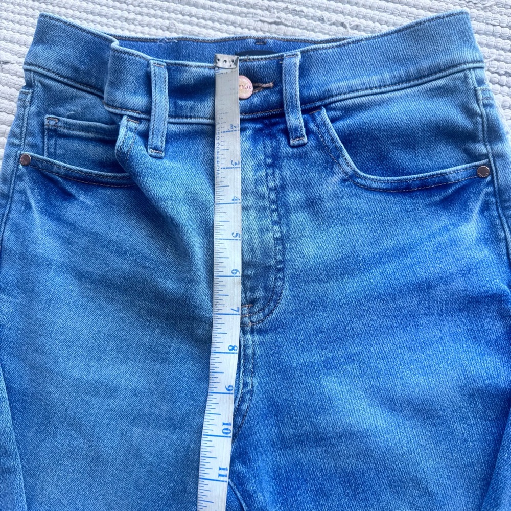 Express High Rise Skinny Jeans 4R Stretch Blue Raw Hem Distressed - Picture 4 of 8
